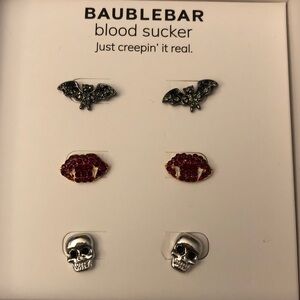 Baublebar Blood Sucker 3 Pair Stud Earring Set Bat, Vampire Lips & Skull NIB